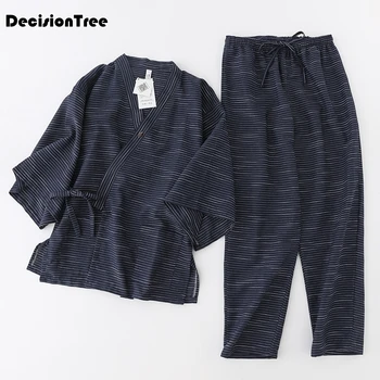 

2020 kimono pajamas sets for women men cotton linen japanese sakura stripes couple pyjamas simple pijama set