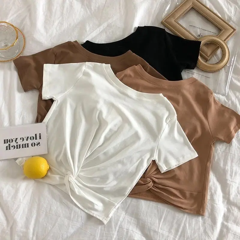 

CamKemsey 2019 Korean New Brief Solid Summer T-Shirts Women Casual O-Neck Fashion Twist Knot White Short Sleeve T Shirts