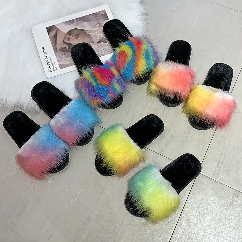 2020 New Fashion Fur Slides Colorful Cheap Furry Plush For Women Outside Slippers Big Slipper Shoes Wholesale | Обувь