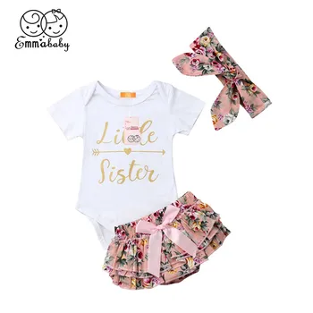 

2019 Summer 3Pcs Little Sister Baby Girls Outfits Romper+Tutu Shorts Pants +Headband Clothes