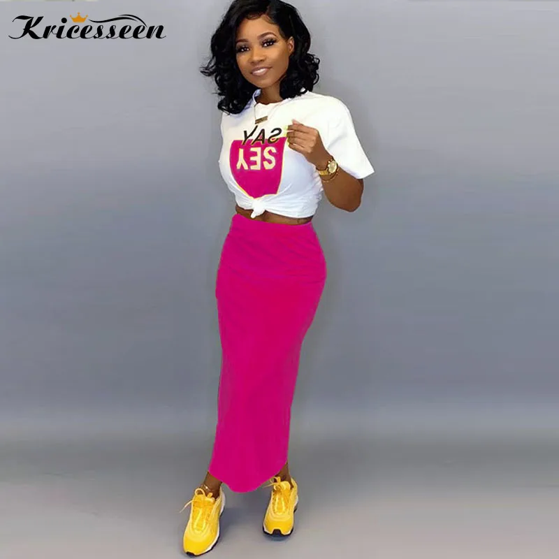 

Kricesseen Casual Two Pieces Skirt Set Women Letters Printed Top And Split Midi Skirt Suits Autumn Streetwear Tracksuits