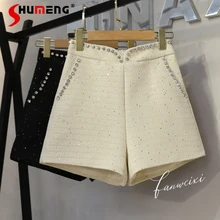 

2021 Winter New Ladies Crystal-Studded Sequins High Waist A- Line Wide Leg Short Pants Women's Rhinestone Woolen Shorts SHUMENG