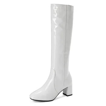 

Women's shoes solid color patent leather high boots thick heel large