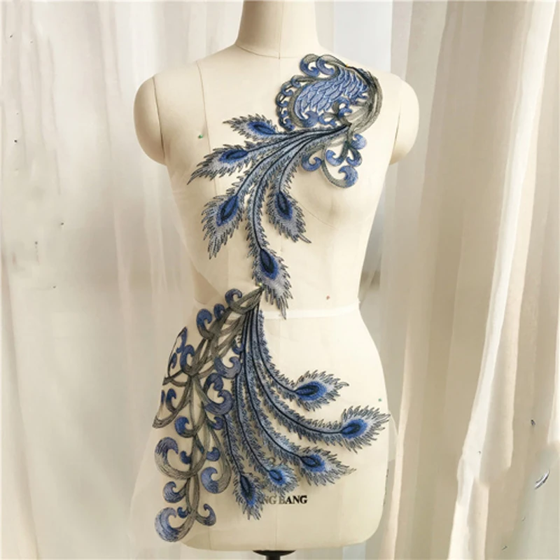 Modrá frence textilie krajky lemovky flitry patche designs nášivky pro ples bál talár svatební šaty kostýmy DIY večírek