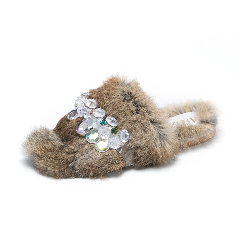 

New Winter Warm Fur Slippers Women Faux Fox Fur Slides Fluffy Plush Sandals Flat House Shoes Woman Casual Raccoon Fur Flip Flops