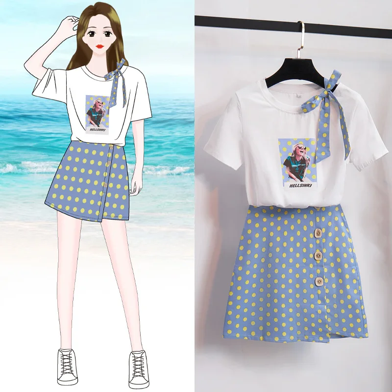 

New Style Women's Korean-style Fashion Set Divided Skirt Western Style by Age Polka Dot Dress Short-height Slimming Two-Piece Se