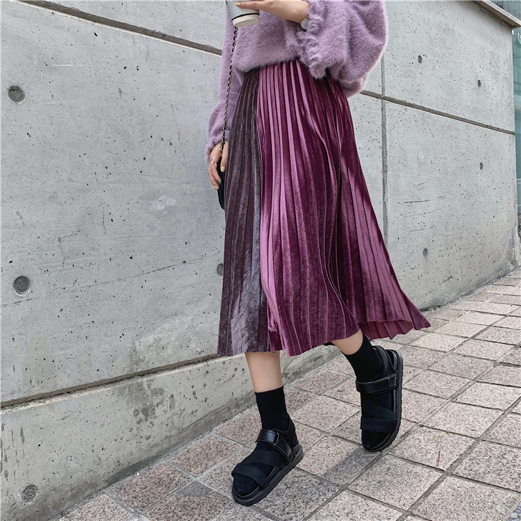 Purple Coffee Юбка из золотого бархата, новая осенняя зимняя женская юбка с высокой талией, длинная Плиссированная юбка миди цвета металлик, повседневная юбка B9N905M - Цвет: Purple Coffee
