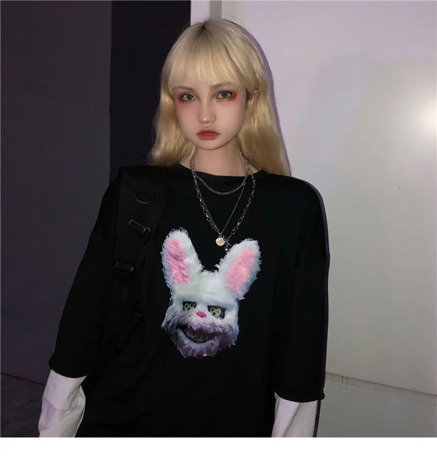 Harajuku уличная футболка Женские рубашки-топы Осень корейский стиль Ulzzang поддельные два кролика печати длинный рукав футболки женские топы