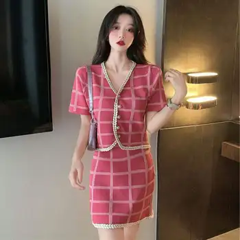 

New arrival 2020 high end Elegant Knitted Buttons Cardigans Coat + high waist knit short skirts 2 piece Set brand women clothes