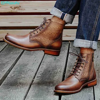 

QYFCIOUFU Genuine Leather Men Boots Casual Fashion Lace Up Brogue Ankle Boots High Quality Vintage Mens Lace Up Martins Boots