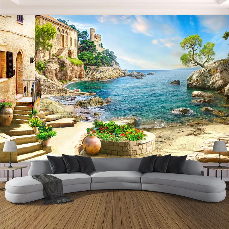 

Custom Mural Wallpaper 3D Seaside Landscape Fresco Living Room Restaurant Wall Sticker PVC Self-Adhesive Bathroom 3D Waterproof