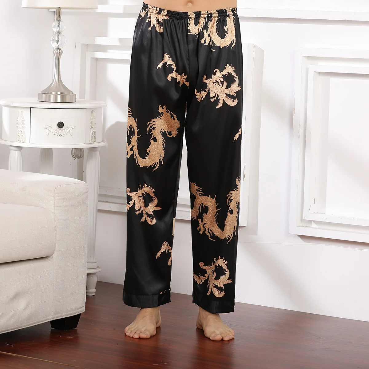 Print Pants Satin Sleepwear Men Pajamas Sleep Bottoms Casual Nightwear PJS Faux Silk Pijamas Home Pants Spring Summer New viscose pants women pajamas casual nightwear pijamas print cotton intimate lingerie home clothes new sleepwear pyjamas homewear