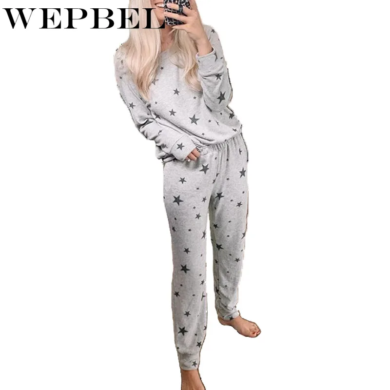 

WEPBEL Women's Casual Elastic Waist Pencil Pants + Long-Sleeved O-Neck T-shirt Suit Autumn Winter Casual Star Printing Home Suit