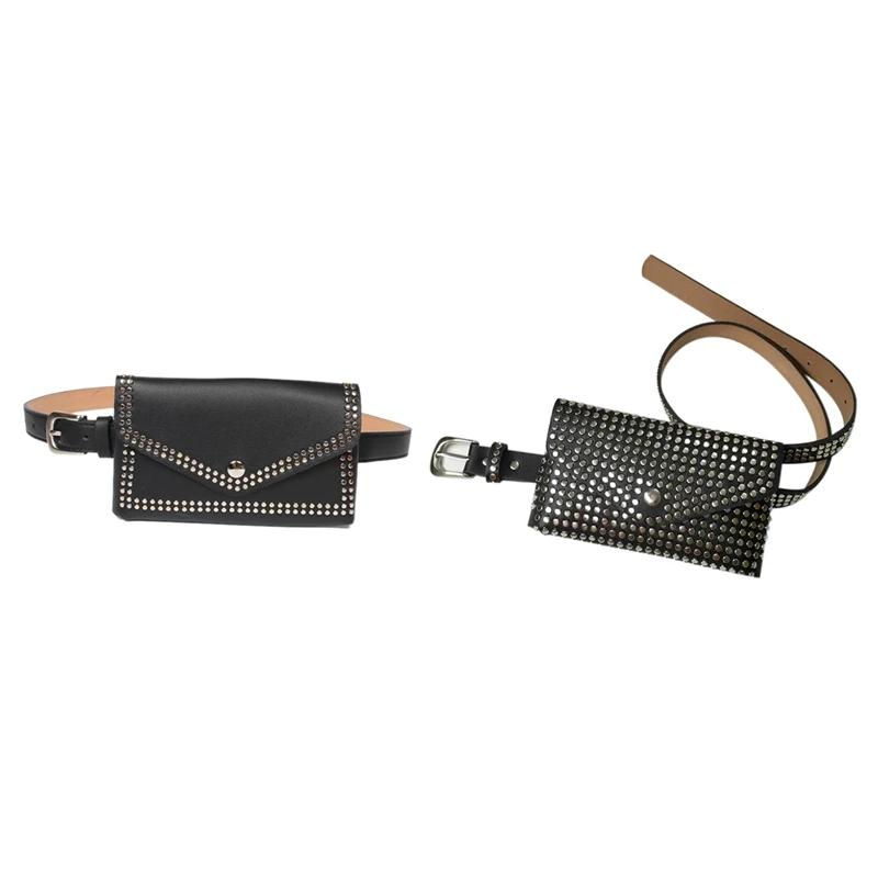 

2 Pcs Fashion Rivets Waist Pack Luxury Designer Fanny Pack Small Women Waist Bag Phone Pouch Punk Belt Bag Purse(Black)