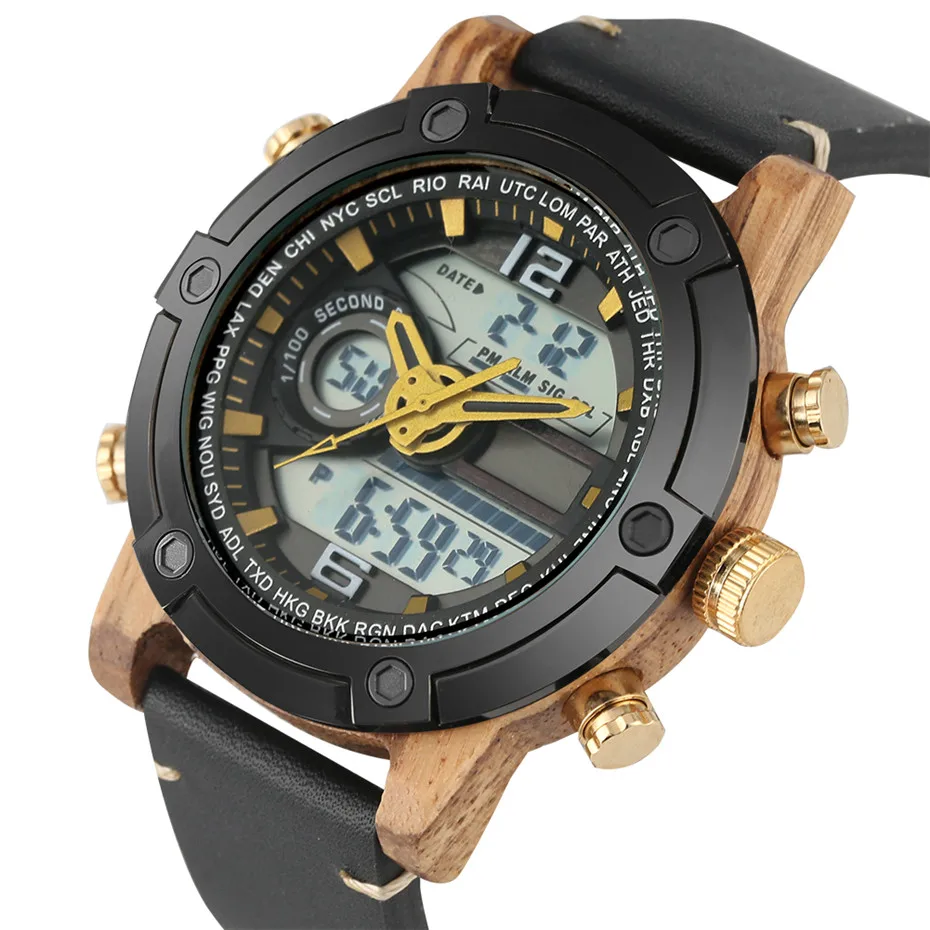 

Creative Wooden Stainless Steel Watch Case Men Digital Watch Complete Calendar Display LED Display Luxury Male Leather Watches