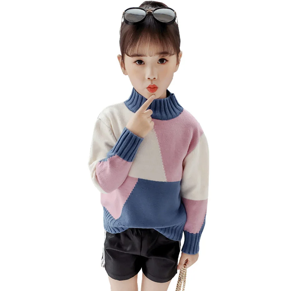 Свитер для девочек; вязаный свитер в стиле пэчворк; детский толстый свитер с высоким воротником; Модный осенне-зимний теплый детский джемпер для девочек - Цвет: As Picture