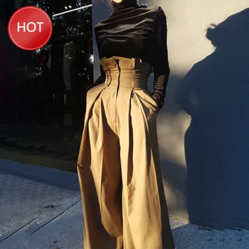 

Autumn High Waist Yellow Long Pleated Split Wide Leg Trousers New Loose Fit Pants Women Fashion Tide Spring 2020 Oversized