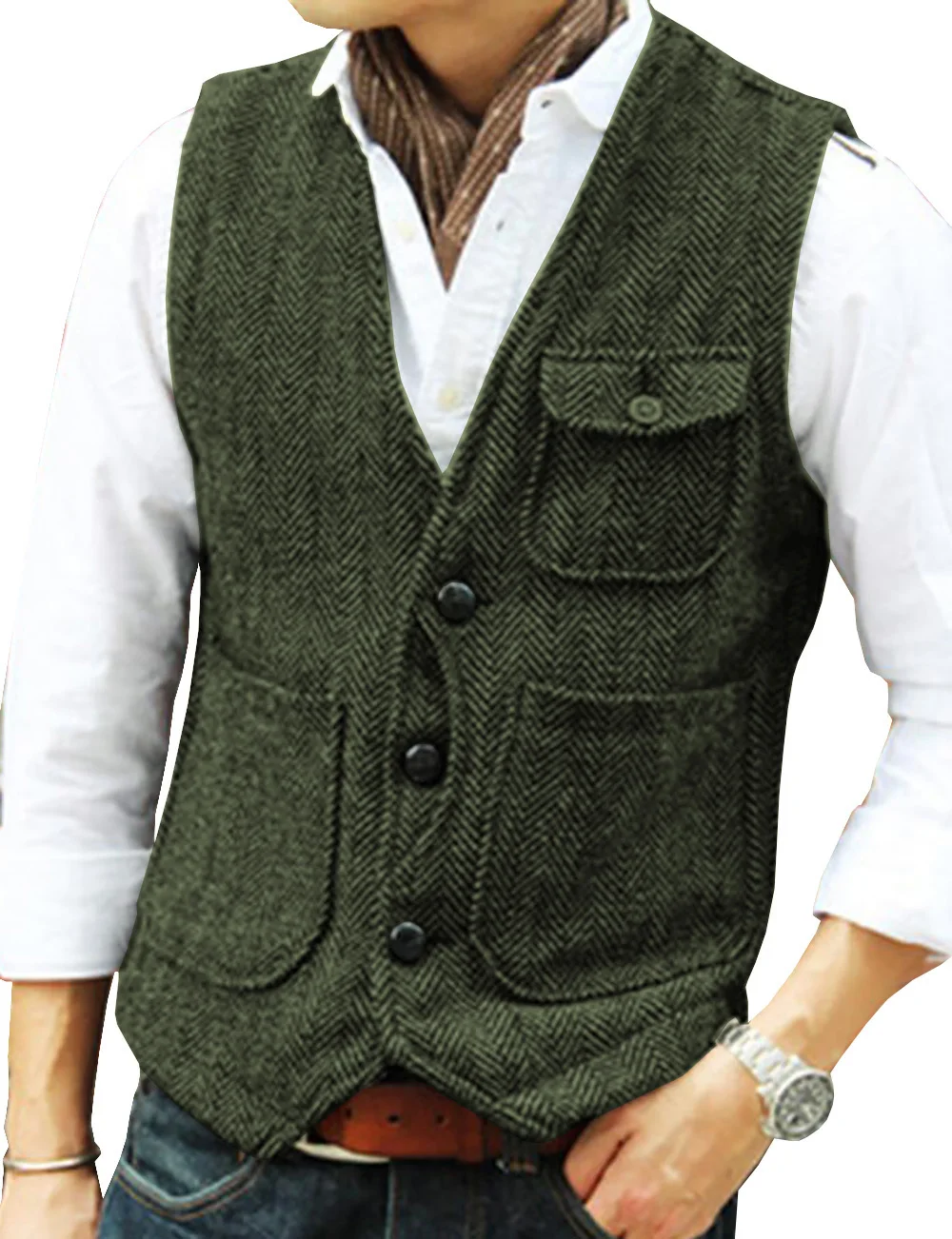 Men's Vest Brown Herringbone Wool Tweed V Neck Single Breasted Retro Tooling Vest Male Gentleman Business Waistcoat For Wedding men's blazers Suits & Blazer