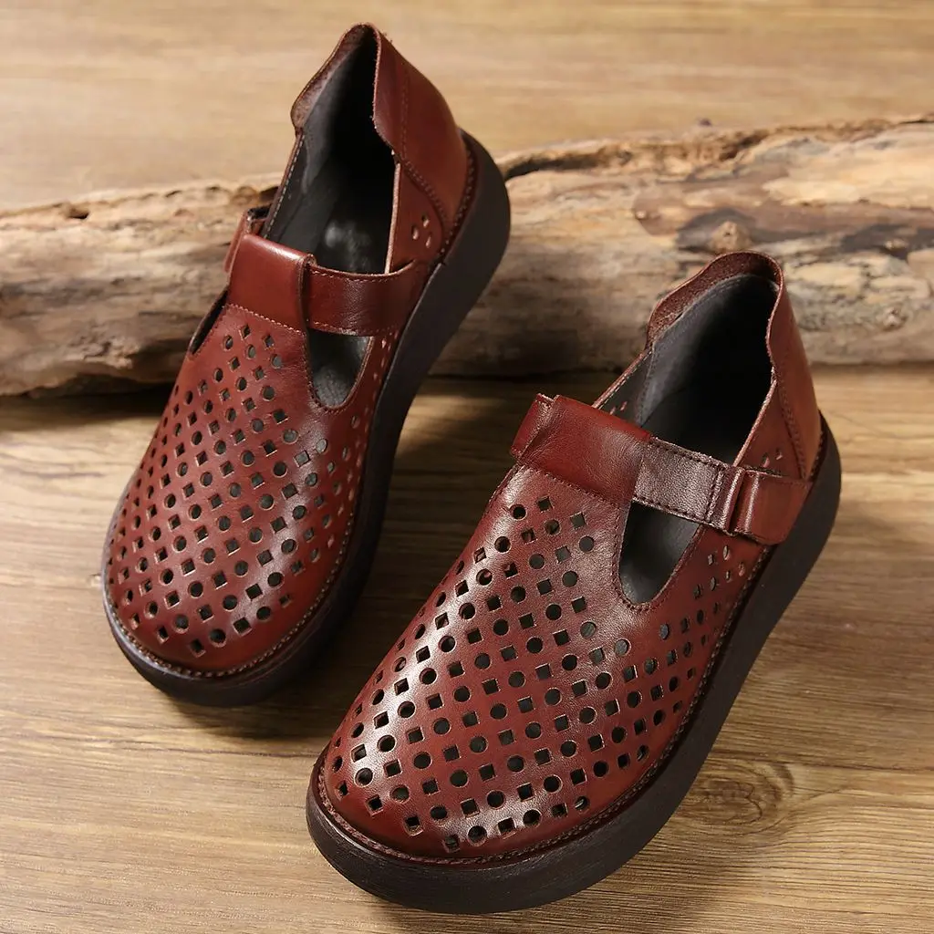 

Flower Branch Origional Thick Bottomed WOMEN'S Genuine Leather Shoes Velcro Porous Sandals 2019 Spring And Summer New Style Ethn