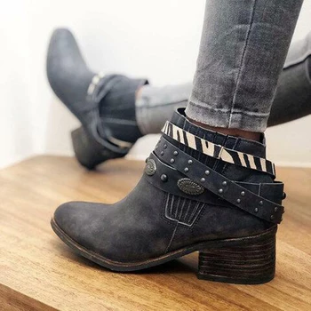 

2019 New Ankel Boots Women Boots Female Winter Boots with Belt Metal Nail Vintage Fashion Booties Plus Size Thick Heels Footwear