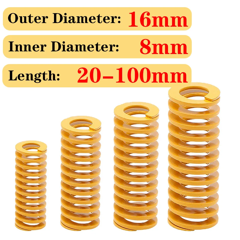 

10 Pieces, Light Load Compression Mould Die Spring, 16mm Outer Diameter, 20-100mm Long, Heated Bed Springs, TF16*8*L, Yellow