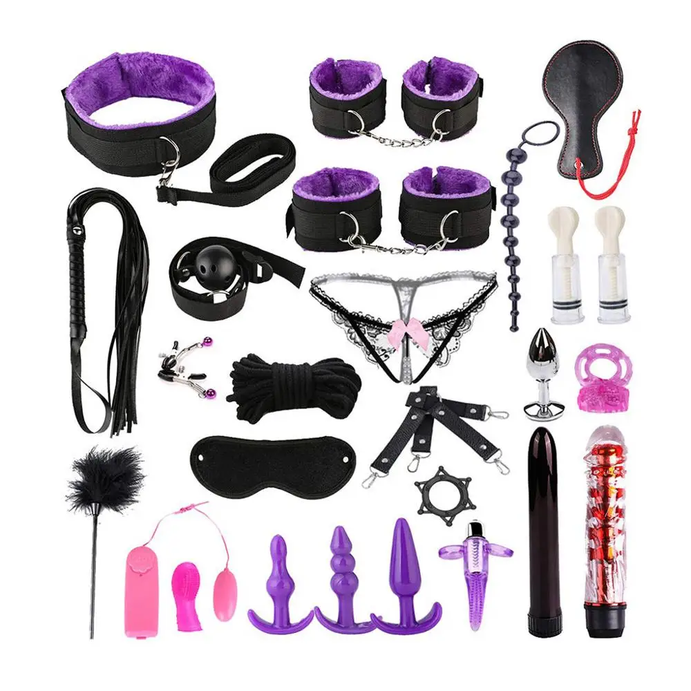 26PCS Adult SM Sex Love Game Toy Kit for Couples women bondage restraint Set Handcuff Whip Nipple Clamps Gag Vibrator