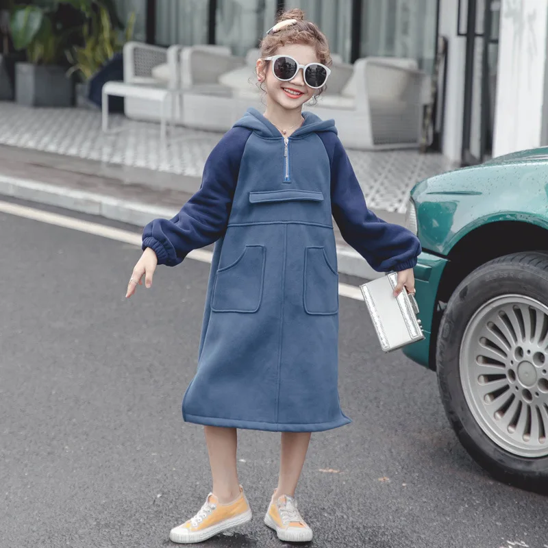 

Blue Pockets Hooded Long Dresses For Baby Big Girls Fleece Cotton Sweatshirts Clothing New Winter 2019 Children Warm Dress Kids