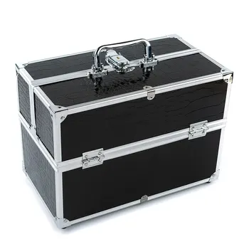 

Large Cosmetic Organizer Box Lockable Black Containing Storage with Drawer Box 3 Layers Make Up Case for Make Up Tools