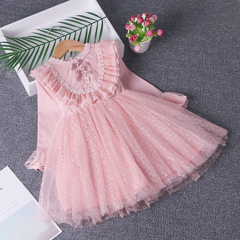 

Kids Clothes Elegant Flare Sleeve Pearls Girls Dress Wedding Party Princess Dress Lace Children Clothes Ball Gown For 4-12T