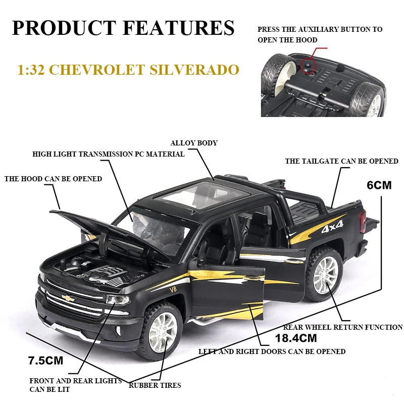  1:32 Chevrolet Silverado Pika Alloy Car Model Diecast Toy Vehicle 6 Open Doors With Sound/Light/Pul