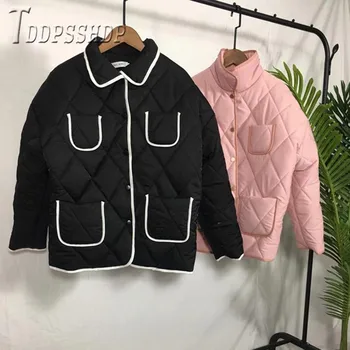 

2019 Rhombus Lightweight Women Parkas Korean Loose Black Pink Color Female Coat