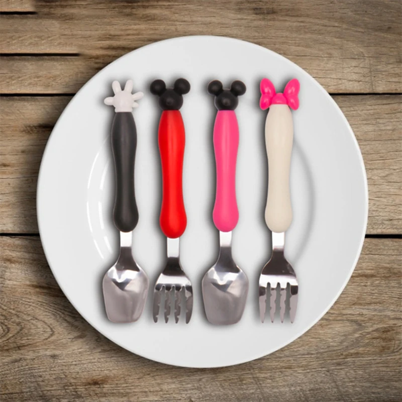 Cartoon Mickey Children fork spoon set Baby Feeding Spoon Stainless Steel Kids Eating Utensils Toddler Baby Flatware Accessories
