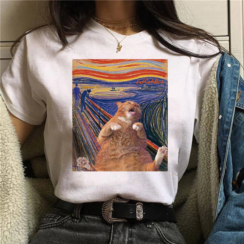 Одежда с изображением кошки Ван Гога, женская футболка, художественная живопись маслом, графическая Эстетическая Милая женская футболка, Повседневная футболка Harajuku, забавная Ulzzang