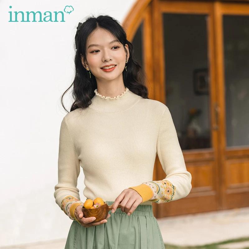 INMAN 2020 Autumn New Arrival Show thin conventional small high collar joker base sweater cuff color jacquard apricot | Женская одежда