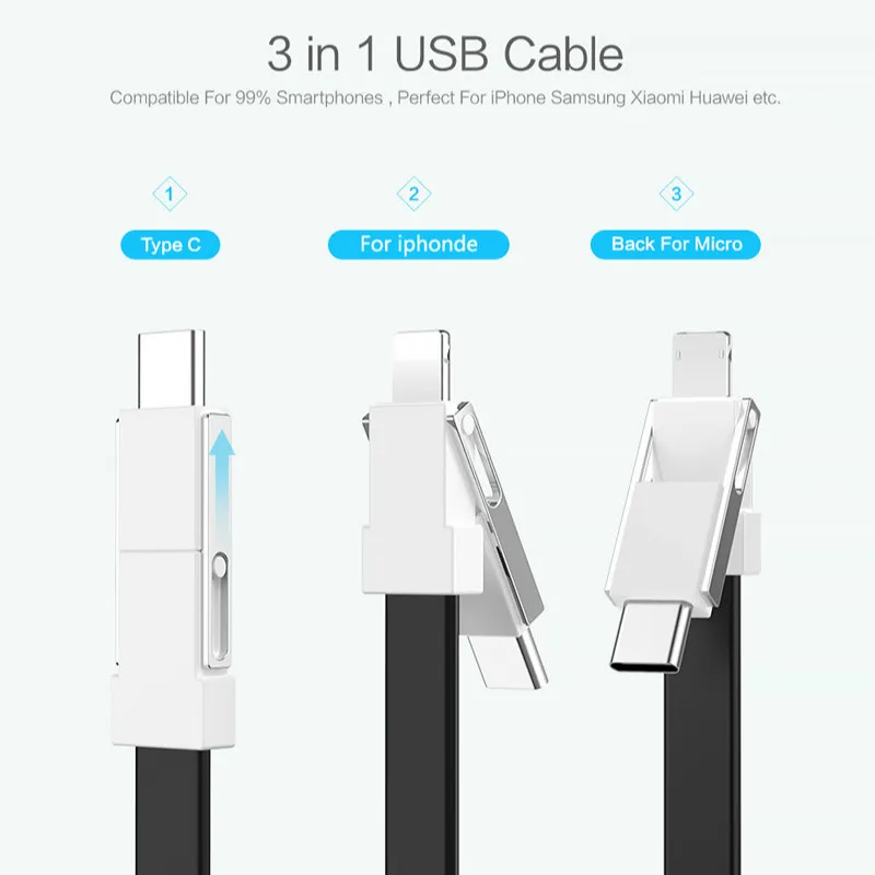 3 в 1 USB кабель для iphone портативный type c кабель для iphone 8 Plus samsung мини шнур для связки ключей Micro USB зарядный кабель