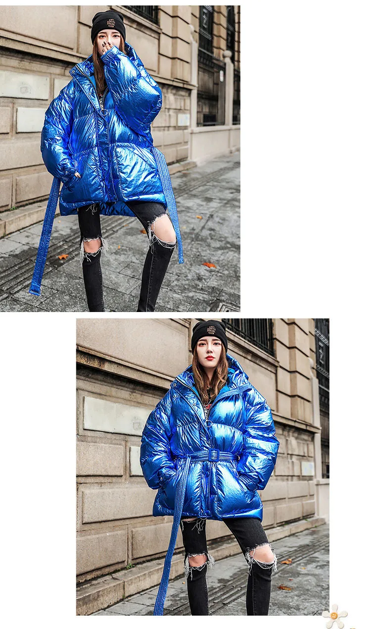 Синяя Яркая блестящая женская зимняя куртка пальто пуховая хлопковая парка с поясом на талии уличная с капюшоном свободные теплые хлопковые куртки MY197