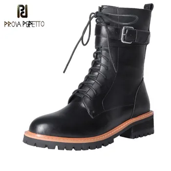 

Prova Perfetto Woman Punk Short Boots Ladies Knee High Boots Low Heel Platform Boots Round Toe Lace Up Genuine Leather Shoes
