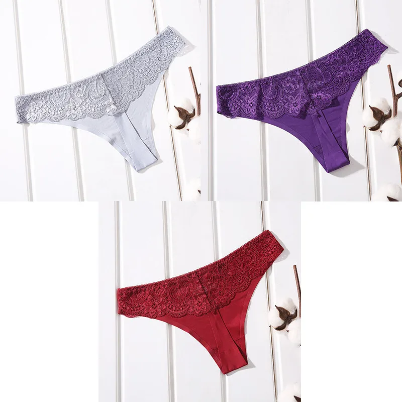 grey purple red Женское нижнее белье, сексуальные кружевные стринги, бесшовные трусики, женские стринги с t-образной спинкой, бесшовные стринги для женщин, нижнее белье, 3 предмета, Aofeiqike - Цвет: grey purple red
