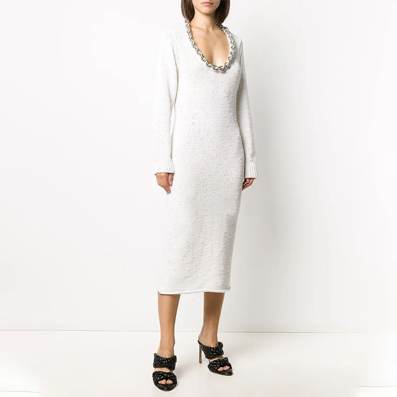 

MSXU 2020 Autumn and Winter New Women's Fashion Temperament Simple Big Round Neck Stitching Chain Solid Color Long Knitted Women