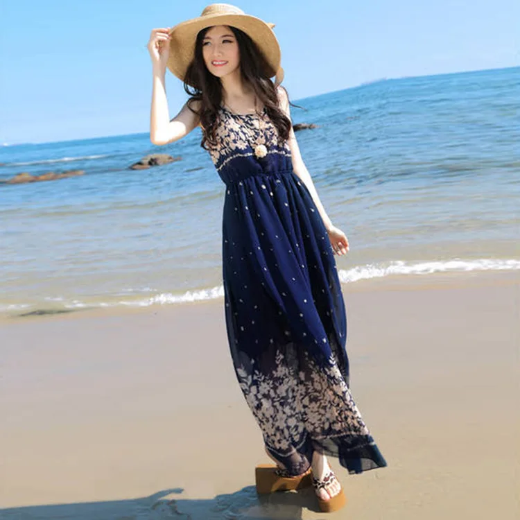 

Bohemian Dress Summer 2019 Summer New Style WOMEN'S Dress Beach Skirt Vest Floral-Print Chiffon Slim Fit Long Skirts