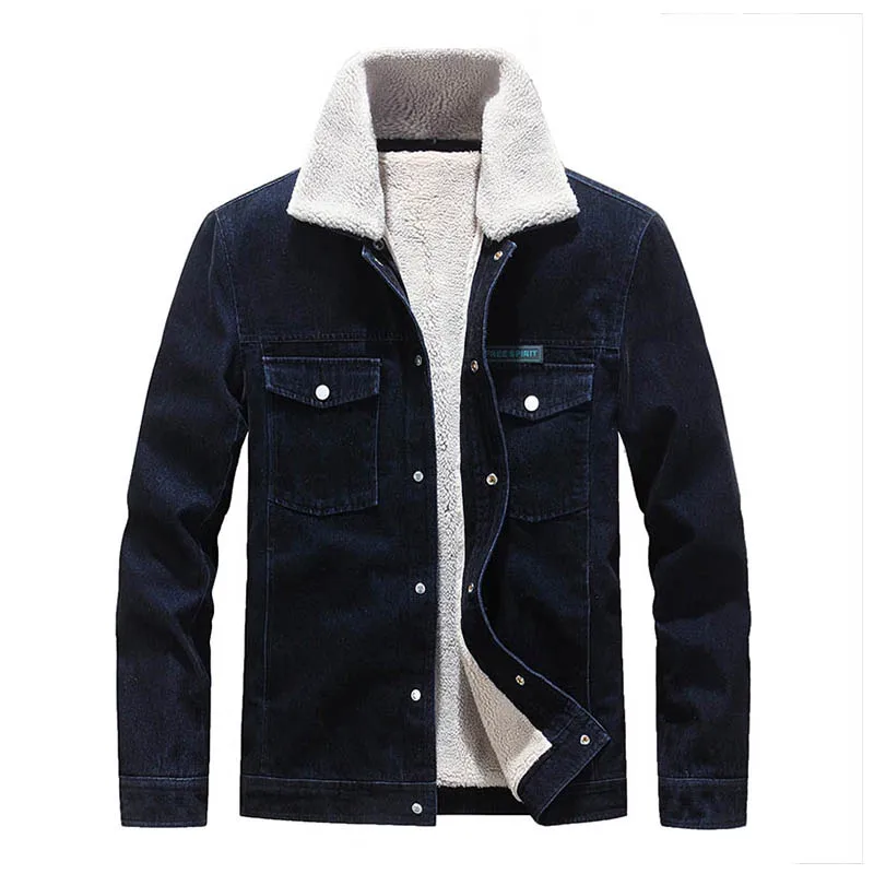 Mcikkny Men Winter Warm Denim Jackets Fur Collar Fleece Lined Casal