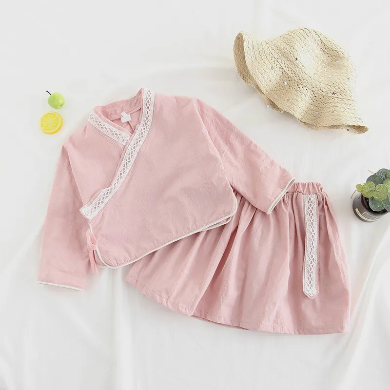 Коллекция года, весенне-осенняя рубашка с длинными рукавами для девочек Hanfu+ однотонная короткая юбка Детский костюм в стиле танга комплекты из двух предметов - Цвет: Розовый