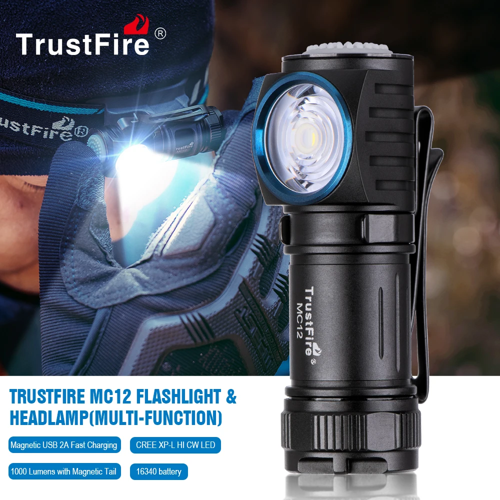 TrustFire MC12 EDC Led Flashlight 1000LM Magnetic USB Charging Head Rechargeable Powerful Camping Lantern Torch Lamp Flash Light