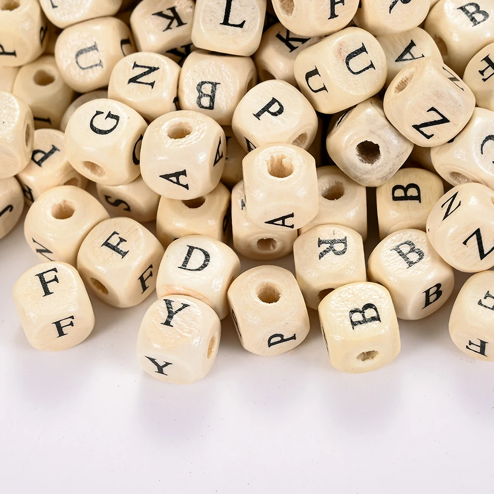 20Pcs 10/12/14mm Mixed Wooden Alphabet Letter Beads Square Cube Natural  Wood Spacer Beads For Jewelry Making DIY Bracelet