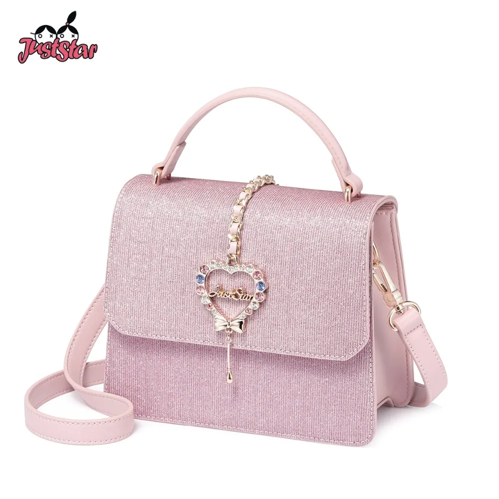 

JUST STAR Women's PU Leather Handbags Ladies Fashion Love Diamond Shoulder Tote Purse Female Elegant Pink Flap Messenger Bag