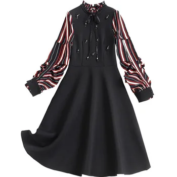 

2020 The New Spring Women Black Stripe Dress Long Sleeve O-Neck Vintage Korean Fashion Elegant Party Casual Sexy Mini Clothes