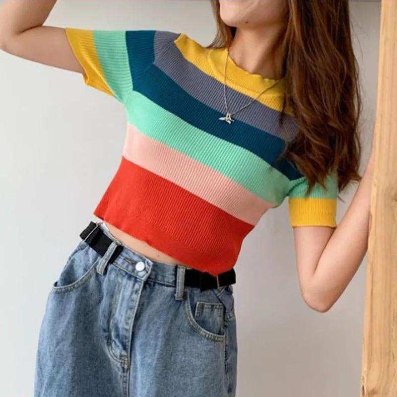 

Sexy Women's Pullover Summer Casual Round Neck Rainbow Striped Short Sleeve Slim Fit Tops Knitted Crop Top T-Shirt