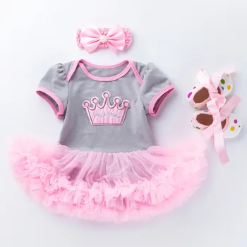 

Embrodery PRINCESS CROWN Grey bodysuits with tutu skirt +toddler shoes +Headband 3 pcs set / Infant baby Summer outfits