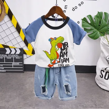 

2PCS WLG Boys Outfits Kids Summer Cartoon Patchwork Short Sleeve T Shirt and Holes Denim Blue Short Set Baby Boy Fashion Clothes