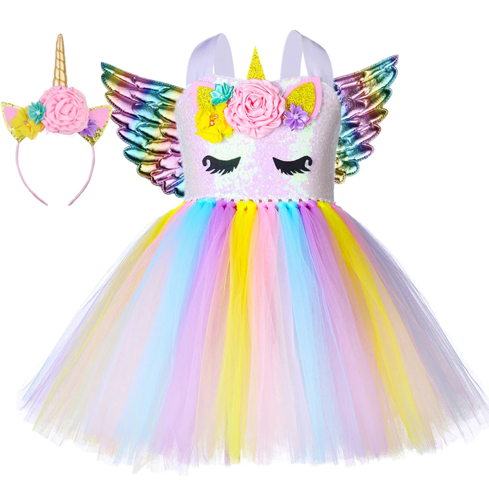 Marolon Unicorn Birthday Dress for Girls Halloween Carnival Costumes Kids Dance Outfits Flower Girl Tutu Wedding Party |